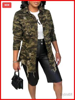 Ripped Camo Utility Jacket Long Sleeve Distressed Fray Fringe Hem Army Fatigue